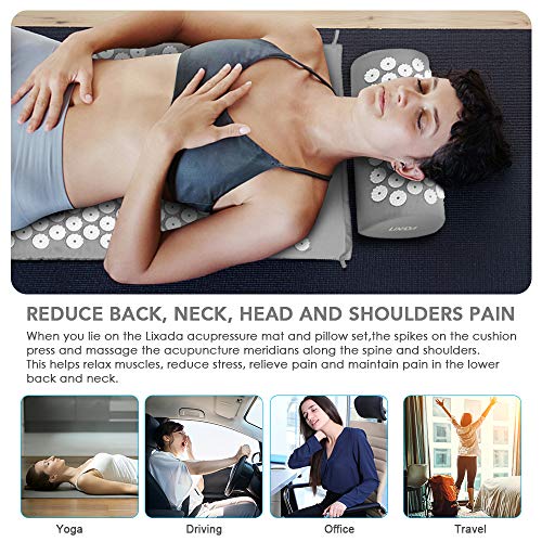Lixada Estera de Acupresión y Almohada Kit con 2 pcs Bolas de Masaje de Punta para Alivio del Dolor Muscular del Espalda/Cuello/Pies
