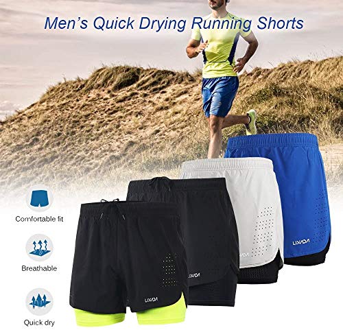 Lixada Hombres Pantalónes Cortos de Running 2-en-1, Pantalones Cortos de Atletismo, Pantalones Cortos de Fitness Maratón, Transpirable Pantalones+Secado Rápido (Azul, L)