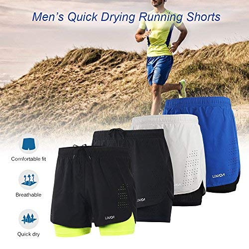 Lixada Hombres Pantalónes Cortos de Running 2-en-1, Pantalones Cortos de Atletismo, Pantalones Cortos de Fitness Maratón, Transpirable Pantalones+Secado Rápido (Negro, XL)