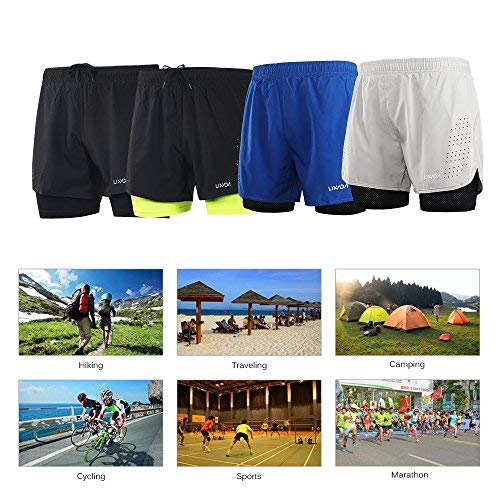 Lixada Hombres Pantalónes Cortos de Running 2-en-1, Pantalones Cortos de Atletismo, Pantalones Cortos de Fitness Maratón, Transpirable Pantalones+Secado Rápido (Azul, L)