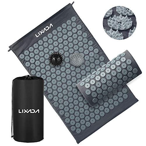 Lixada Juego de alfombrilla de acupresión y almohada con 2 bolas de masaje con pinchos para alivio del dolor de espalda cuello pies y relajación muscular con bolsa de transporte