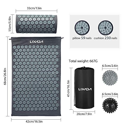 Lixada Juego de alfombrilla de acupresión y almohada con 2 bolas de masaje con pinchos para alivio del dolor de espalda cuello pies y relajación muscular con bolsa de transporte