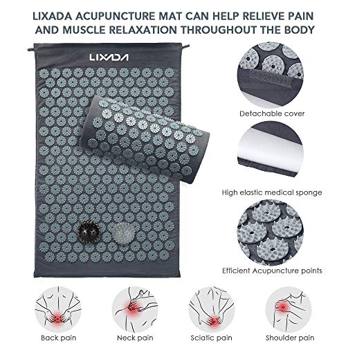 Lixada Juego de alfombrilla de acupresión y almohada con 2 bolas de masaje con pinchos para alivio del dolor de espalda cuello pies y relajación muscular con bolsa de transporte