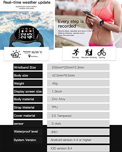 LIYINGKEJI Pulsera Inteligente, rastreador de Actividad Monitor de Ritmo cardíaco a Prueba de Agua IP67 Deporte Mujer Hombre Niño Presión Arterial Cronómetro Contador de frecuencia (Negro (Redondo))