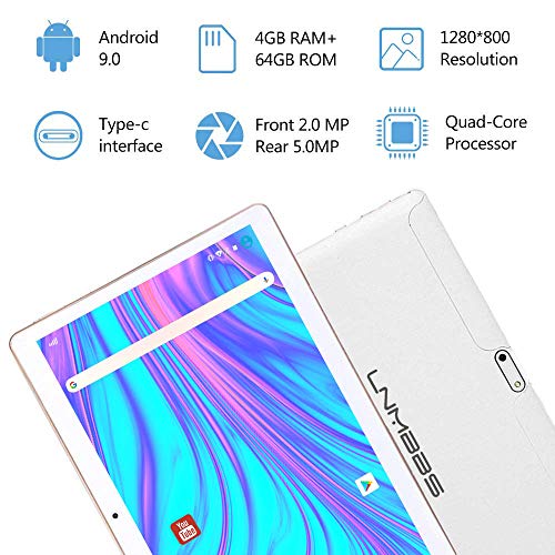 LNMBBS Android 9.0 Tablet de 10'' con WiFi 4GB de RAM y 64 GB de Memoria Tablet PC Procesador de Cuatro núcleos y Dobles Ranuras SIM y una Ranura TF Cámara GPS OTG (Blanco)
