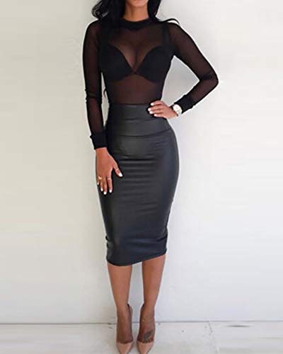 Loalirando Crop Top Sexy Mujer Manga Larga Top Corto Transparente Slim Chic Clubwear Casual Noche (Negro,S)