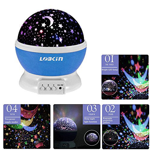 LOBKIN 360 Grados de rotación 3 Modo de luz del proyector de la Estrella romántica Cosmos Luna del Cielo de la lámpara de proyección de luz Nocturna Dormitorio para niños, Regalos de la Navidad