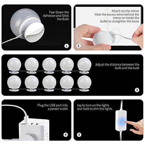 LOBKIN Luces LED Kit de Espejo con 10 Bombillas regulables,Luz Espejo Maquillaje,Tocador,Espejo,Baño,Regalo para Fiesta,Cumpleaños,Aficionados de Maquillarse (blanco)