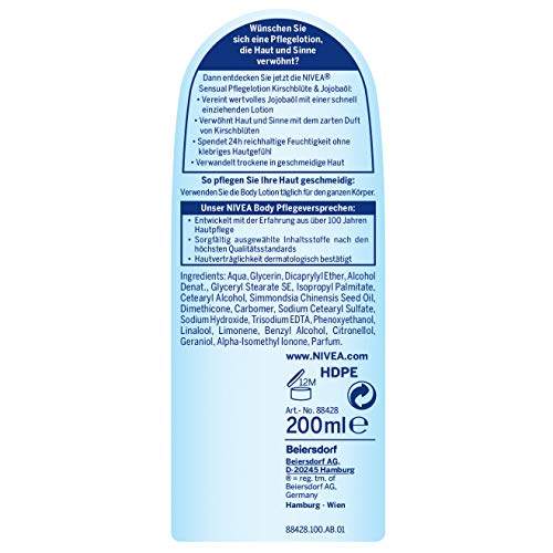 Loción de Nivea cuidado sensual. Flores de cerezo y aceite de jojoba - 200 ml