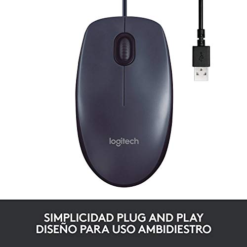 Logitech B100 Ratón con Cable, 3 Botones, Seguimiento Óptico, Ambidiestro, PC/Mac/Portátil, Negro