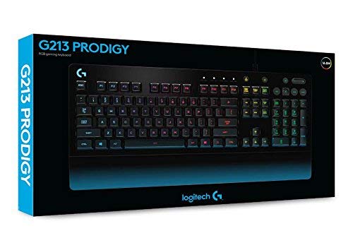 Logitech G213 Prodigy Teclado Gaming, Retroiluminado RGB LIGHTSYNC, Resistente a Salpicaduras, Personalizable, Controles Multimedia, Disposición QWERTZ Alemán, Negro