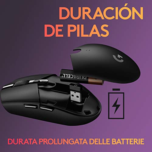 Logitech G305 Lightspeed Ratón Gaming Inalámbrico, Captor HERO 12,000 DPI, Ultra-ligero, Batería de 250h, Memoría Integrada, Compatible con PC/Mac , Negro