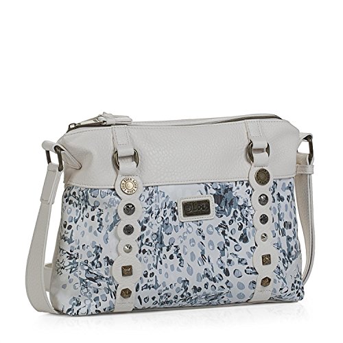 Lois - Bolso Bandolera de Mujer Estampado. Cierre Cremallera. Doble Compartimento. Cuero PU Polipiel y Remaches. Pequeño y Muy Cómodo para Uso Diario. 27349, Color Blanco Roto
