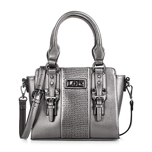 Lois - Bolso de Mujer de Mano Tipo Bowling. 2 Asas y Bandolera. Cuero PU y Hebillas. Elegante Resistente Cómodo y Práctico. Marca de Calidad y Diseño 95831, Color Metal