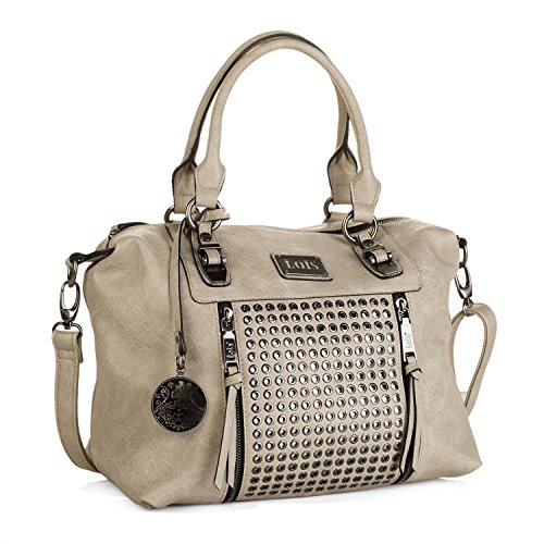 Lois - Bolso de Mujer Grande Tipo Bowling. 2 Asas y Bandolera. Cuero PU. Ideal para Diario o Compras. Calidad Marca y Diseño Elegante. Resistente y Duradero. con Remaches. 93147, Color Beige