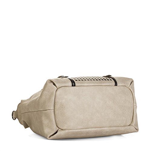 Lois - Bolso de Mujer Grande Tipo Bowling. 2 Asas y Bandolera. Cuero PU. Ideal para Diario o Compras. Calidad Marca y Diseño Elegante. Resistente y Duradero. con Remaches. 93147, Color Beige