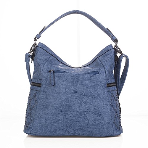 Lois - Bolso de Mujer Grande Tipo Hobo. Asa Larga y Bandolera. Cuero PU y Remaches. para Diario Paseo o Compras. Cómodo y Resistente. Marca Calidad y Bonito Diseño. 93970, Color Azul