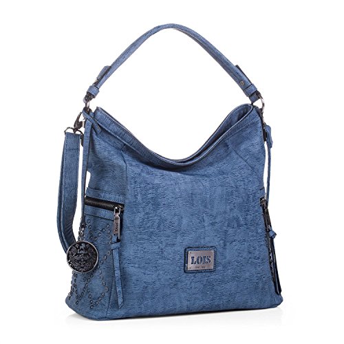 Lois - Bolso de Mujer Grande Tipo Hobo. Asa Larga y Bandolera. Cuero PU y Remaches. para Diario Paseo o Compras. Cómodo y Resistente. Marca Calidad y Bonito Diseño. 93970, Color Azul