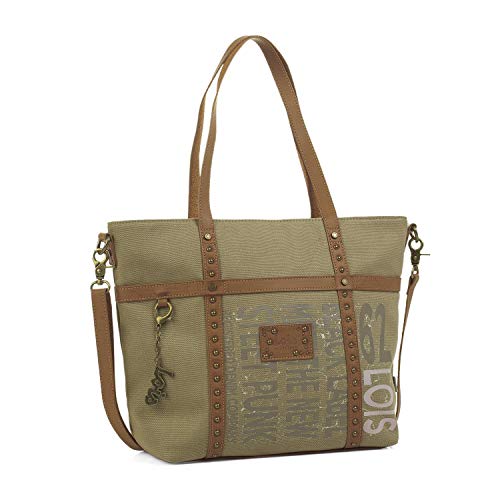 Lois - Bolso de Mujer Grande Tipo Shopping. Asas de Mano Largas. Ideal para Viaje Compras o Paseo. Muy Amplio. Resistente Elegante y de Calidad. Lona Estmpada. 91732, Color Kaki