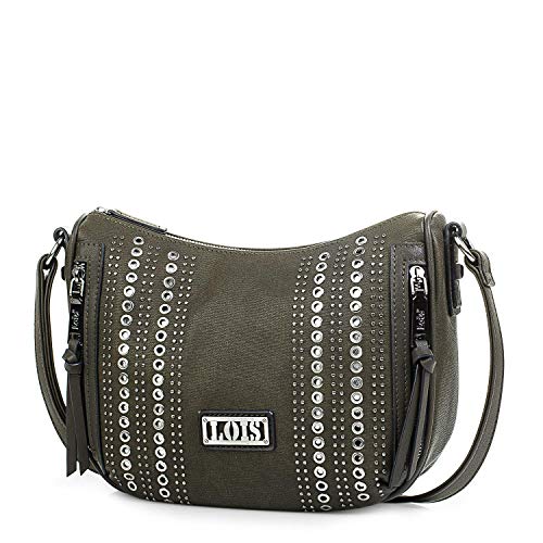 Lois - Bolso Pequeño Bandolera para Mujer Tipo Góndola. Bolsillos Delante y Detrás. Cuero PU y Remaches. Ideal para Diario. Resistente y Funcional. Marca Diseño y Calidad. 94456, Color Oliva