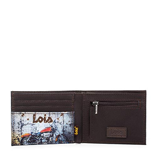 Lois - Cartera de Chico. Monedero Billetero Juvenil de Lona Estampada Moto. Muchos Compartimentos. Caja para Regalo. Estilo Joven Bonito Diseño. Completa. 12603, Color Marron