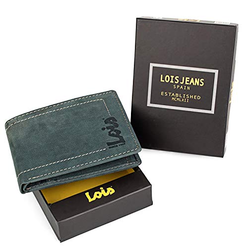 Lois - Cartera Hombre Piel con Monedero RFID. Billetero de Cuero Genuino. Tarjetas Documentación Billetes DNI Carnet. Caja para Regalo. Estilo Rústico 201507, Color Azul
