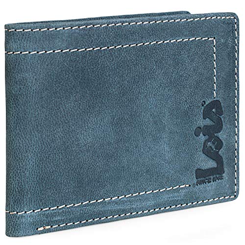 Lois - Cartera Hombre Piel con Monedero RFID. Billetero de Cuero Genuino. Tarjetas Documentación Billetes DNI Carnet. Caja para Regalo. Estilo Rústico 201507, Color Azul