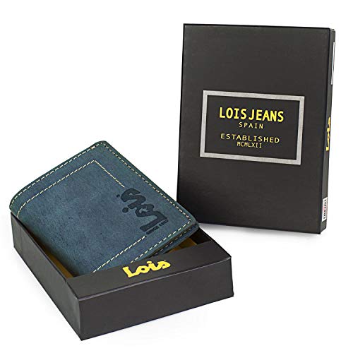Lois - Cartera Hombre Piel con Monedero RFID. Monedero Billetero de Cuero Genuino. Tarjetas Billetes DNI Carnet. Caja para Regalo. Práctica Resistente y Pequeña. 201518, Color Azul