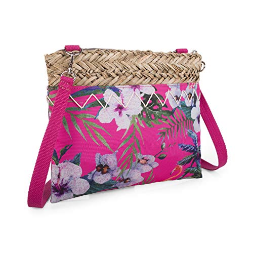 Lois - Neceser de Rafia con Asa de Mano. Bolso Bandolera. Rafia y Estampado Flores. Cierre Cremallera. Ideal para Playa Verano. Calidad Moda y Diseño. 09404, Color Fucsia