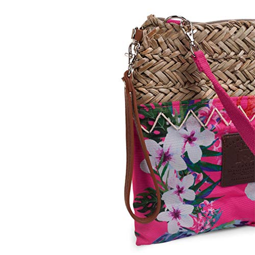 Lois - Neceser de Rafia con Asa de Mano. Bolso Bandolera. Rafia y Estampado Flores. Cierre Cremallera. Ideal para Playa Verano. Calidad Moda y Diseño. 09404, Color Fucsia