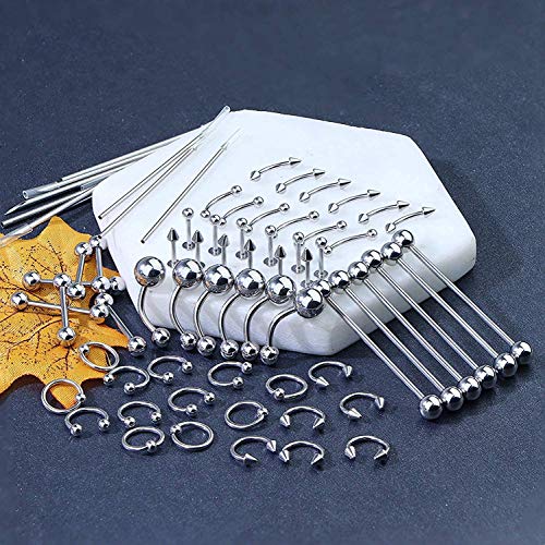 LOLIAS 107Pcs Acero Inoxidable Kit Piercing Anillo de Nariz para Mujeres Hombres Barbells Herradura Labios Piercing Lengua Ceja Ombligo Tragus Body Piercing (con Herramientas)