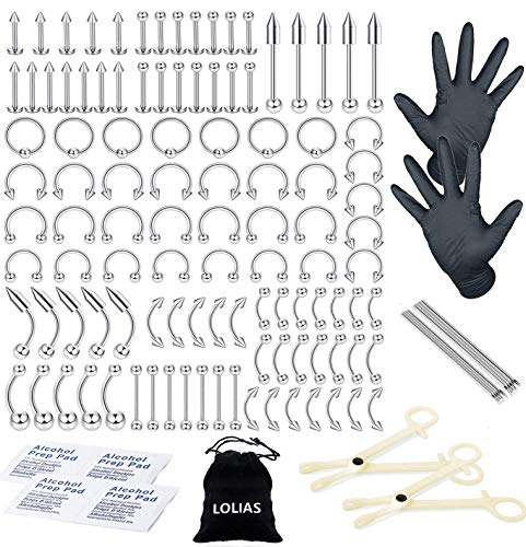LOLIAS 107Pcs Acero Inoxidable Kit Piercing Anillo de Nariz para Mujeres Hombres Barbells Herradura Labios Piercing Lengua Ceja Ombligo Tragus Body Piercing (con Herramientas)