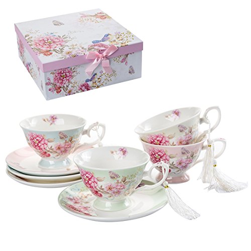 London Boutique Juego de 4 Tazas de té y platillo de Porcelana Estilo Shabby Chic, Vintage, Caja de Regalo (1 Juego de 4)