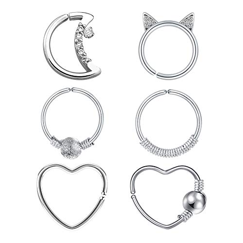 Longita Daith Rook Snug Tragus Piercing Pendientes Acero Quirúrgico Corazón Luna Círculo Forma Anillos Oreja Cartílago Joyas para el Cuerpo 6 Piezas Plata