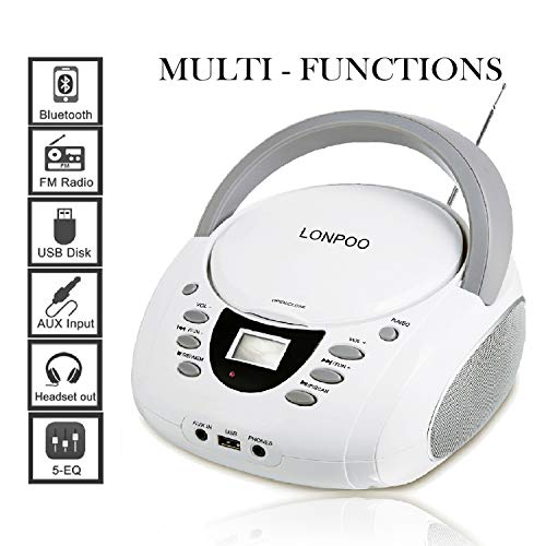LONPOO Radio CD-MP3 y Reproductor CD Portátil con Bluetooth/FM/USB/AUX-IN/Salida de Auriculares/Estéreo Altavoz (Blanco 02)