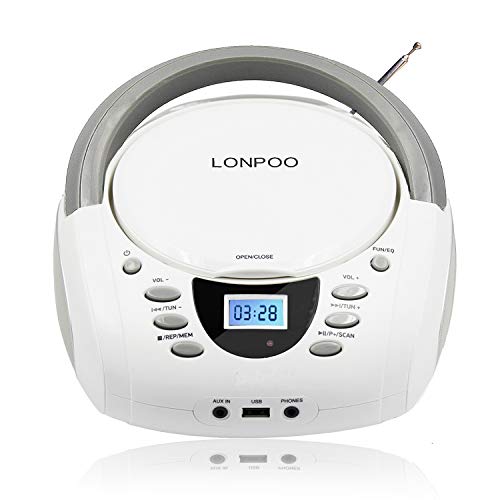 LONPOO Radio CD-MP3 y Reproductor CD Portátil con Bluetooth/FM/USB/AUX-IN/Salida de Auriculares/Estéreo Altavoz (Blanco 02)