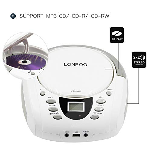 LONPOO Radio CD-MP3 y Reproductor CD Portátil con Bluetooth/FM/USB/AUX-IN/Salida de Auriculares/Estéreo Altavoz (Blanco 02)