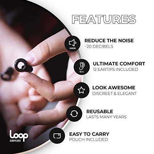 Loop Tapón para los Oídos con Reducción de Ruido - Quita Sonido 20 Decibelios - Accesorios Protección Auditiva, Conciertos, Música en Vivo - Auriculares de Silicona y Espuma - Negro
