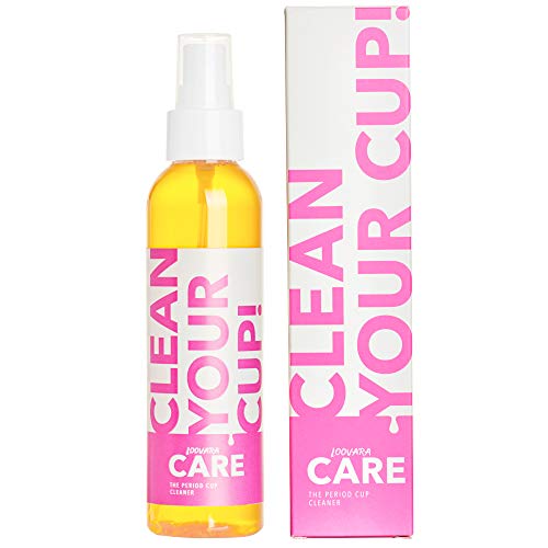 Loovara Set de Copa Menstrual, Detergente Esterilizador, Bolsa | 100% Natural y Vegano | Taza de Goma de Comercio Justo, Sin Silicona, Reutilizable, Suave | 150ml Spray Bio Sanitizante | Talla M