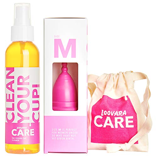 Loovara Set de Copa Menstrual, Detergente Esterilizador, Bolsa | 100% Natural y Vegano | Taza de Goma de Comercio Justo, Sin Silicona, Reutilizable, Suave | 150ml Spray Bio Sanitizante | Talla M