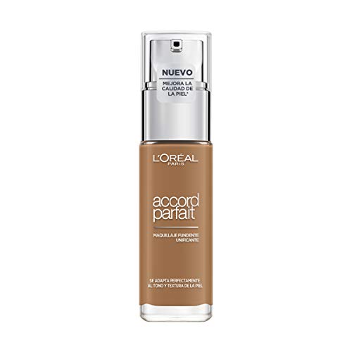 L'Oréal Paris Accord Parfait, Base de maquillaje acabado natural con ácido hialurónico, tono piel medio-oscuro 8R, 30 ml