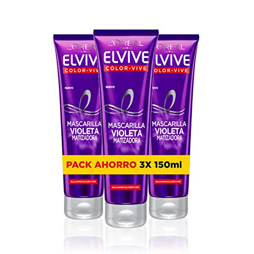 L'Oreal Paris Elvive Color Vive - Mascarilla Violeta Matizadora para Pelo Teñido, Rubio, Decolorado o Gris - Pack Ahorro de 3 Unidades x 150 ml, Total: 450 ml