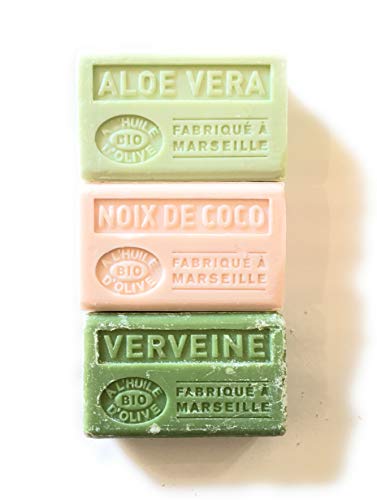 Lote de 3 jabones de Marsella BIO al aceite de oliva – 3 x 125 g – Aloe Vera, Coco, Verbena