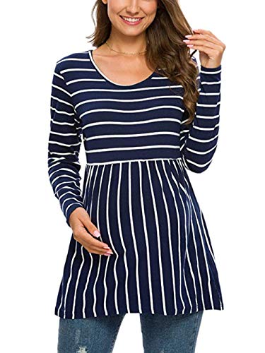 Love2Mi - Camiseta de manga larga para mujer, cuello redondo, para embarazadas Dunkelblaue Weiße Streifen M