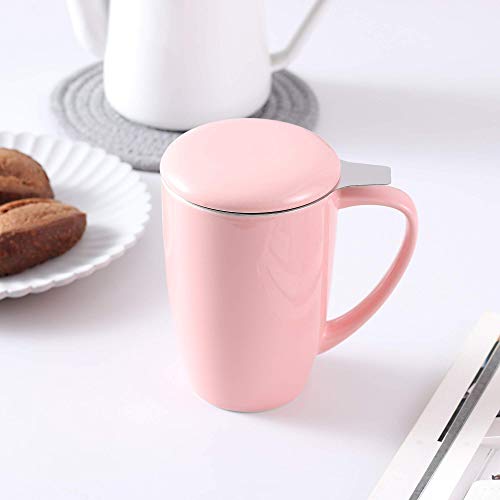 LOVECASA Tazas de Té con Tapa y Filtro Acero inoxidable 450 ML, Tisana de Porcelana Rosa