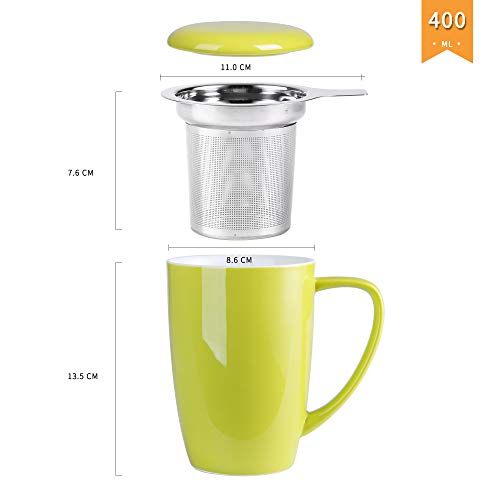 LOVECASA Tazas de Té con Tapa y Filtro Acero inoxidable 450 ML, Tisana de Porcelana Verde