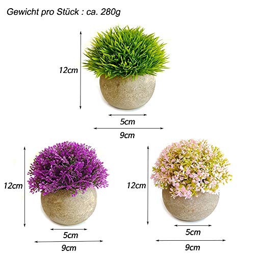 Lovelyz - Set de 3 flores artificiales en maceta, plantas artificiales, mini flores bonsái, para bodas, oficina, regalo, balcón, salón, casa