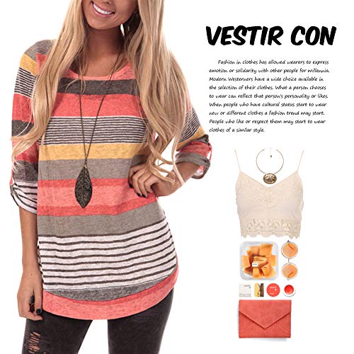 Lover-Beauty Camisa Mujer Raya Cuello Redondo Manga Larga Casual Suelto Blusa Rojo y Top Azul Jersey Stripe Shirt Otoño Verano Navidad y Halloween