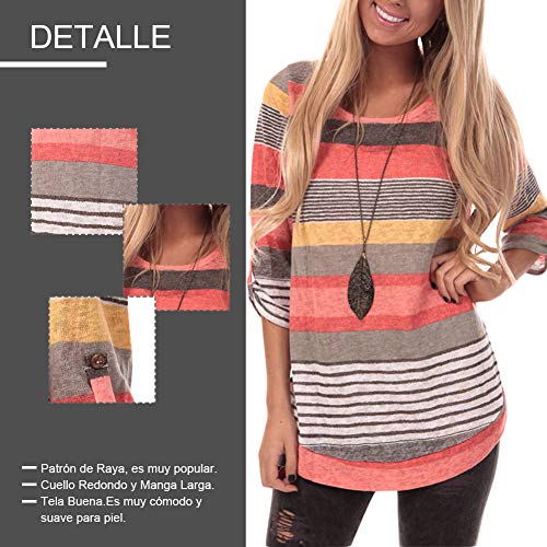 Lover-Beauty Camisa Mujer Raya Cuello Redondo Manga Larga Casual Suelto Blusa Rojo y Top Azul Jersey Stripe Shirt Otoño Verano Navidad y Halloween