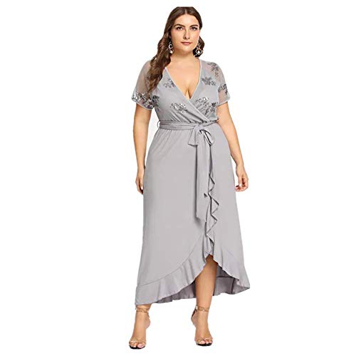 Lover-Beauty Vestido Corto Sexy Plus Size Raya Escote-V Volante con Manga Corta Falda Paragua Tutu Punto